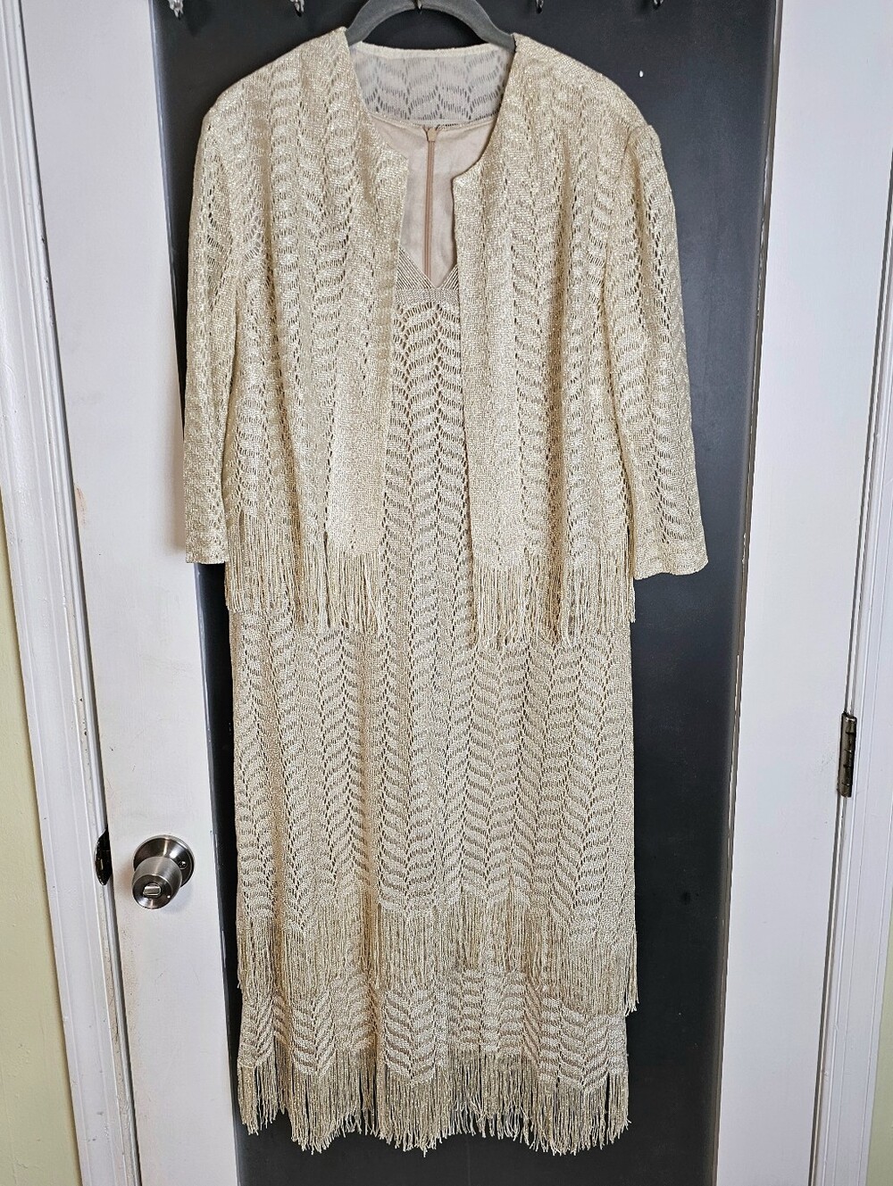 Vintage Damianou Champagne Crochet Fringe 2-piece Dress Shawl Set